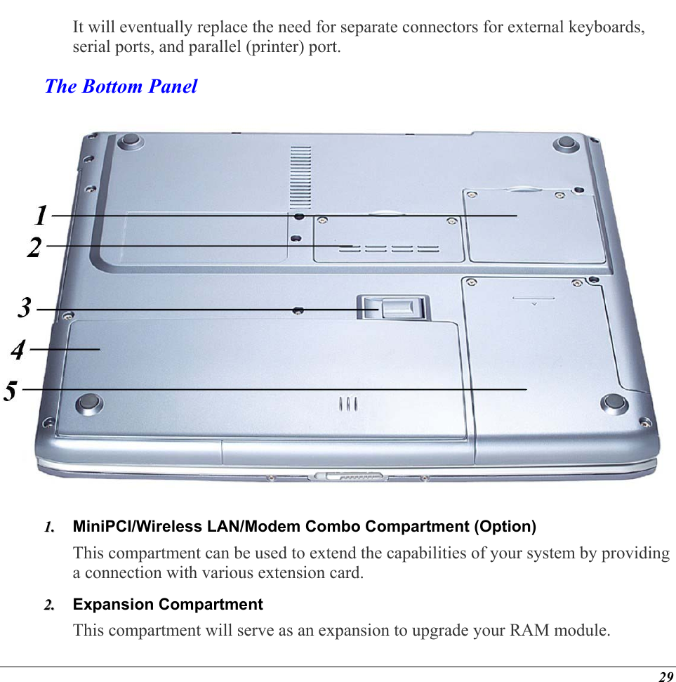  It will eventually replace the need for separate connectors for external keyboards, serial ports, and parallel (printer) port.   The Bottom Panel  MiniPCI/Wireless LAN/Modem Combo Compartment (Option) 11..  22..  This compartment can be used to extend the capabilities of your system by providing a connection with various extension card. Expansion Compartment This compartment will serve as an expansion to upgrade your RAM module. 29 