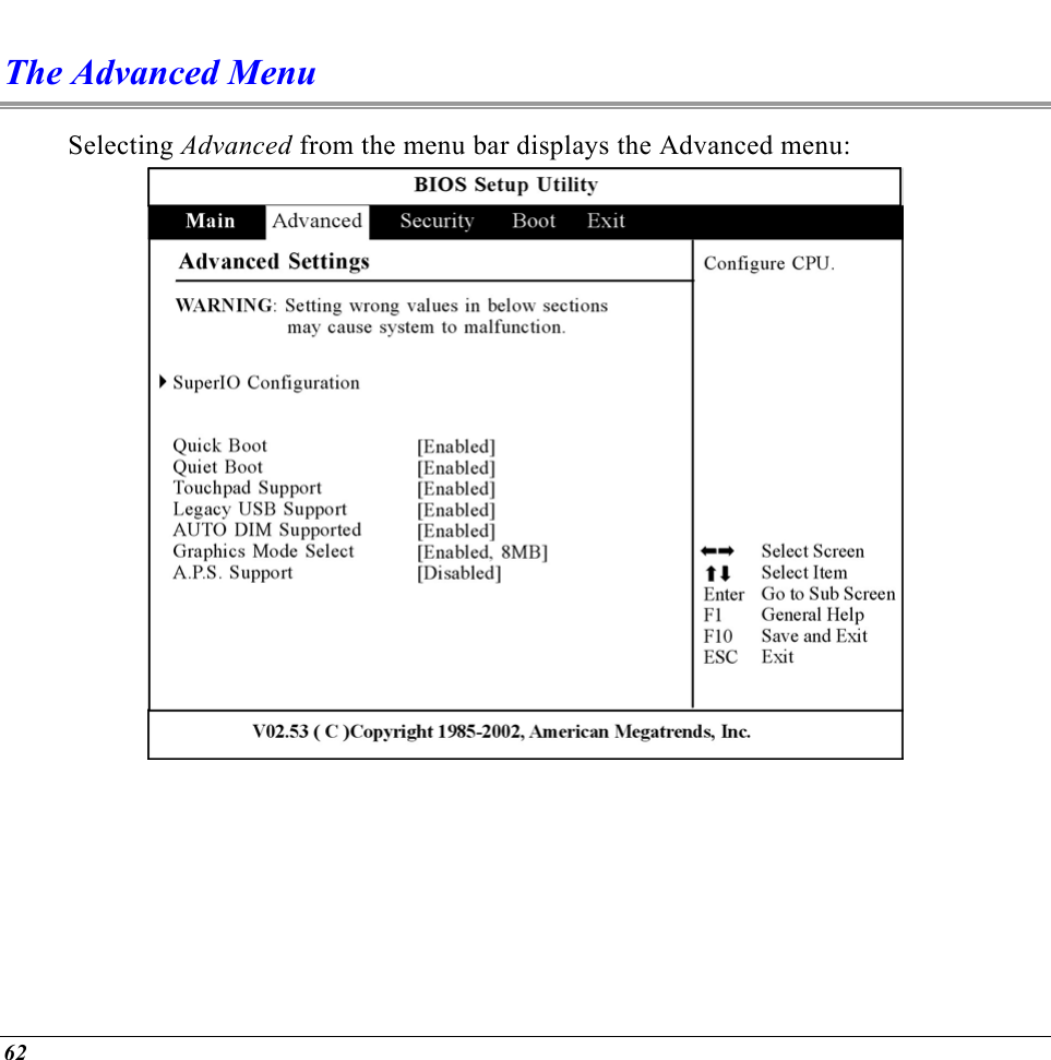  The Advanced Menu Selecting Advanced from the menu bar displays the Advanced menu:    62 