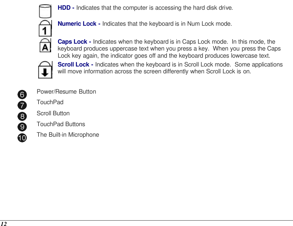  12  HDD - Indicates that the computer is accessing the hard disk drive.  Numeric Lock - Indicates that the keyboard is in Num Lock mode.    Caps Lock - Indicates when the keyboard is in Caps Lock mode.  In this mode, the keyboard produces uppercase text when you press a key.  When you press the Caps Lock key again, the indicator goes off and the keyboard produces lowercase text.  Scroll Lock - Indicates when the keyboard is in Scroll Lock mode.  Some applications will move information across the screen differently when Scroll Lock is on.   Power/Resume Button  TouchPad  Scroll Button   TouchPad Buttons  The Built-in Microphone 