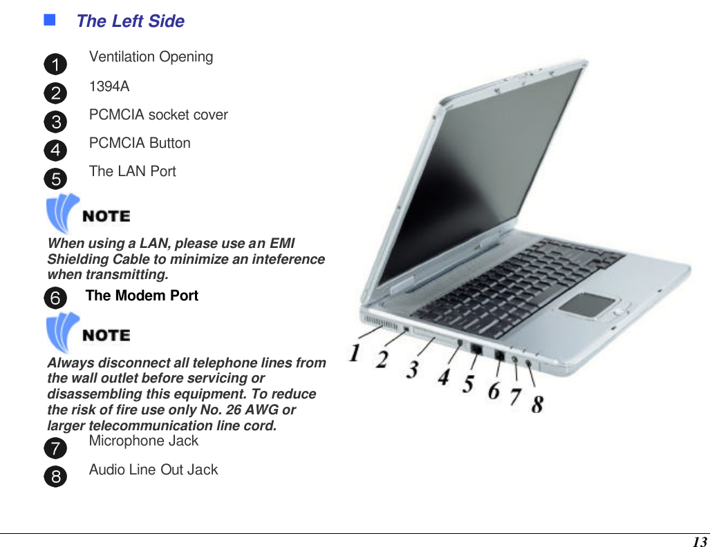  13 n The Left Side  Ventilation Opening  1394A  PCMCIA socket cover  PCMCIA Button  The LAN Port    When using a LAN, please use an EMI Shielding Cable to minimize an inteference when transmitting.  The Modem Port    Always disconnect all telephone lines from the wall outlet before servicing or disassembling this equipment. To reduce the risk of fire use only No. 26 AWG or larger telecommunication line cord.   Microphone Jack   Audio Line Out Jack  