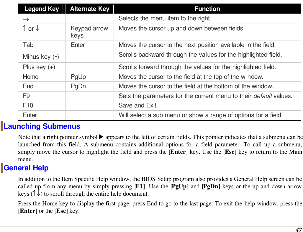  47 Legend Key Alternate Key Function →  Selects the menu item to the right. ↑ or ↓ Keypad arrow keys Moves the cursor up and down between fields. Tab Enter Moves the cursor to the next position available in the field. Minus key (-)  Scrolls backward through the values for the highlighted field. Plus key (+)    Scrolls forward through the values for the highlighted field. Home PgUp Moves the cursor to the field at the top of the window. End PgDn Moves the cursor to the field at the bottom of the window. F9    Sets the parameters for the current menu to their default values. F10    Save and Exit. Enter    Will select a sub menu or show a range of options for a field. Launching Submenus Note that a right pointer symbol u appears to the left of certain fields. This pointer indicates that a submenu can be launched from this field. A submenu contains additional options for a field parameter. To call up a submenu, simply move the cursor to highlight the field and press the [Enter] key. Use the [Esc] key to return to the Main menu. General Help In addition to the Item Specific Help window, the BIOS Setup program also provides a General Help screen can be called up from any menu by simply pressing [F1]. Use the [PgUp] and [PgDn] keys or the up and down arrow keys (↑↓) to scroll through the entire help document.    Press the Home key to display the first page, press End to go to the last page. To exit the help window, press the [Enter] or the [Esc] key.  
