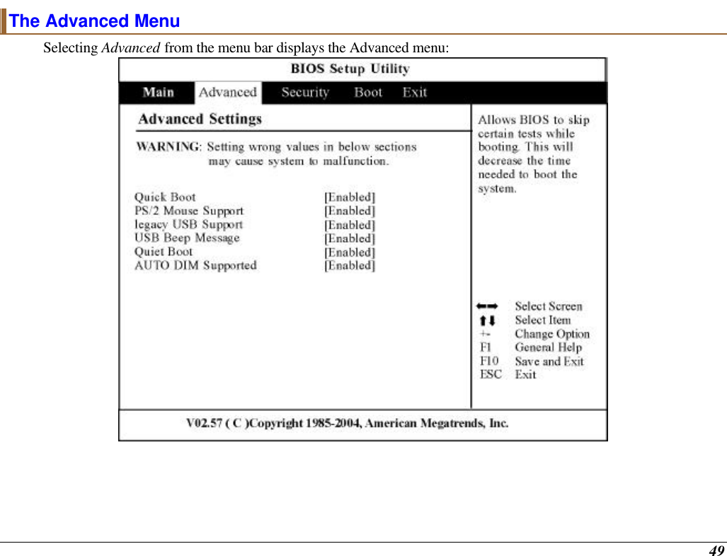  49 The Advanced Menu Selecting Advanced from the menu bar displays the Advanced menu:    