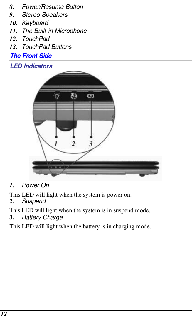  12 8. Power/Resume Button 9. Stereo Speakers 10. Keyboard 11. The Built-in Microphone 12. TouchPad 13. TouchPad Buttons The Front Side LED Indicators  1. Power On This LED will light when the system is power on. 2. Suspend This LED will light when the system is in suspend mode. 3. Battery Charge  This LED will light when the battery is in charging mode.     