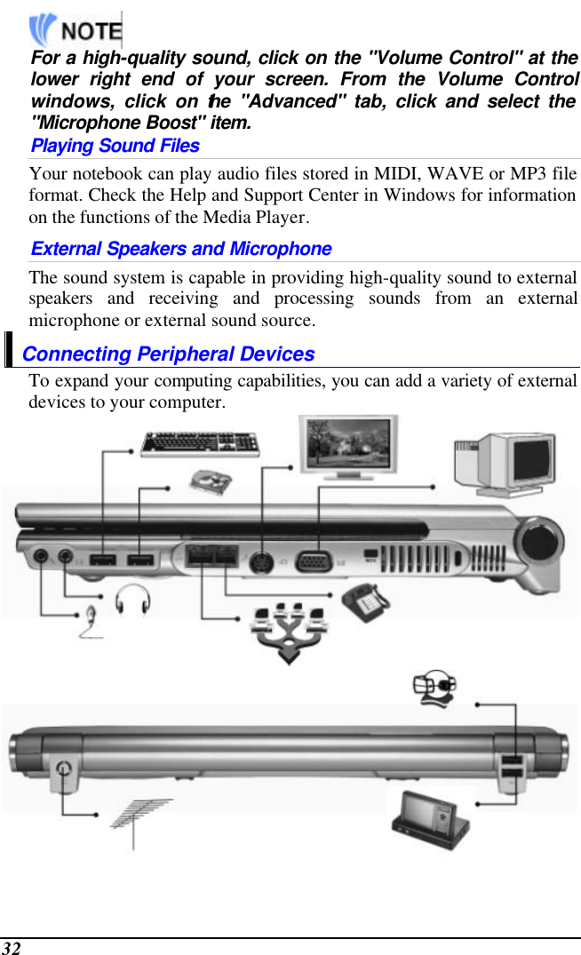  32    For a high-quality sound, click on the &quot;Volume Control&quot; at the lower right end of your screen. From the Volume Control windows, click on the &quot;Advanced&quot; tab, click and select the &quot;Microphone Boost&quot; item. Playing Sound Files Your notebook can play audio files stored in MIDI, WAVE or MP3 file format. Check the Help and Support Center in Windows for information on the functions of the Media Player. External Speakers and Microphone The sound system is capable in providing high-quality sound to external speakers and receiving and processing sounds from an external microphone or external sound source. Connecting Peripheral Devices To expand your computing capabilities, you can add a variety of external devices to your computer.   