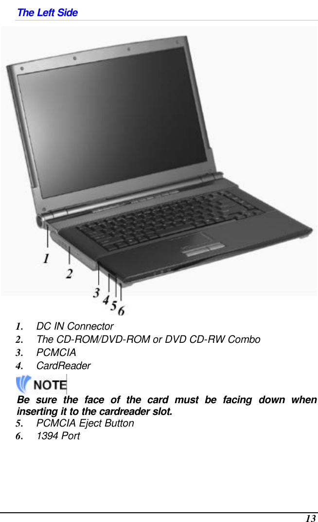  13 The Left Side  1. DC IN Connector 2. The CD-ROM/DVD-ROM or DVD CD-RW Combo 3. PCMCIA 4. CardReader  Be sure the face of the card must be facing down when inserting it to the cardreader slot. 5. PCMCIA Eject Button 6. 1394 Port 