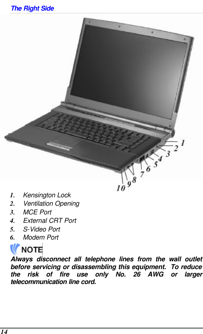 14 The Right Side  1. Kensington Lock 2. Ventilation Opening 3. MCE Port 4. External CRT Port  5. S-Video Port 6. Modem Port  Always disconnect all telephone lines from the wall outlet before servicing or disassembling this equipment.  To reduce the risk of fire use only No. 26 AWG or larger telecommunication line cord. 