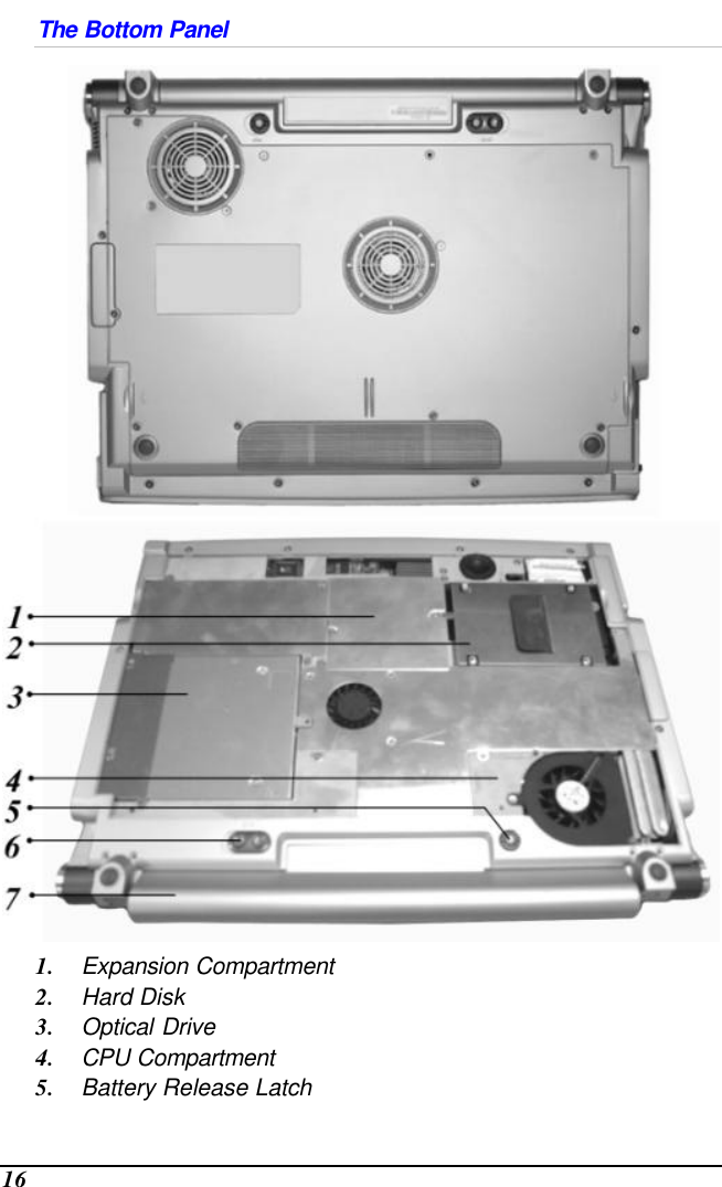  16 The Bottom Panel  1. Expansion Compartment 2. Hard Disk 3. Optical Drive 4. CPU Compartment 5. Battery Release Latch 