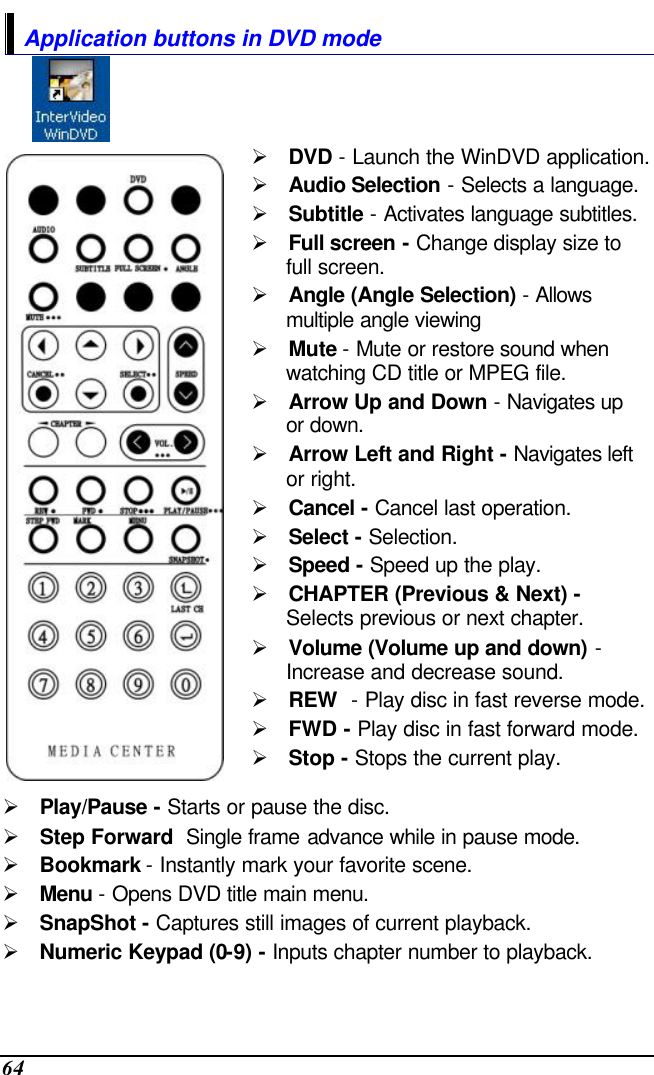  64 Application buttons in DVD mode   Ø DVD - Launch the WinDVD application. Ø Audio Selection - Selects a language. Ø Subtitle - Activates language subtitles. Ø Full screen - Change display size to full screen. Ø Angle (Angle Selection) - Allows multiple angle viewing Ø Mute - Mute or restore sound when watching CD title or MPEG file. Ø Arrow Up and Down - Navigates up or down. Ø Arrow Left and Right - Navigates left or right. Ø Cancel - Cancel last operation. Ø Select - Selection. Ø Speed - Speed up the play. Ø CHAPTER (Previous &amp; Next) - Selects previous or next chapter. Ø Volume (Volume up and down) - Increase and decrease sound. Ø REW  - Play disc in fast reverse mode. Ø FWD - Play disc in fast forward mode. Ø Stop - Stops the current play. Ø Play/Pause - Starts or pause the disc. Ø Step Forward  Single frame advance while in pause mode. Ø Bookmark - Instantly mark your favorite scene. Ø Menu - Opens DVD title main menu. Ø SnapShot - Captures still images of current playback. Ø Numeric Keypad (0-9) - Inputs chapter number to playback. 