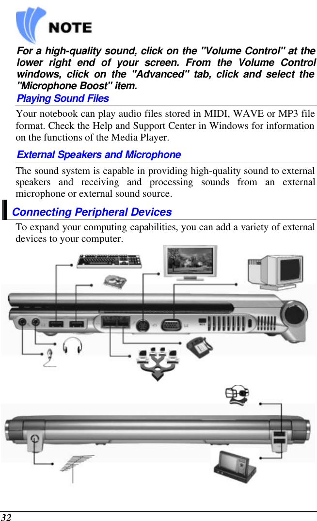  32    For a high-quality sound, click on the &quot;Volume Control&quot; at the lower right end of your screen. From the Volume Control windows, click on the &quot;Advanced&quot; tab, click and select the &quot;Microphone Boost&quot; item. Playing Sound Files Your notebook can play audio files stored in MIDI, WAVE or MP3 file format. Check the Help and Support Center in Windows for information on the functions of the Media Player. External Speakers and Microphone The sound system is capable in providing high-quality sound to external speakers and receiving and processing sounds from an external microphone or external sound source. Connecting Peripheral Devices To expand your computing capabilities, you can add a variety of external devices to your computer.   