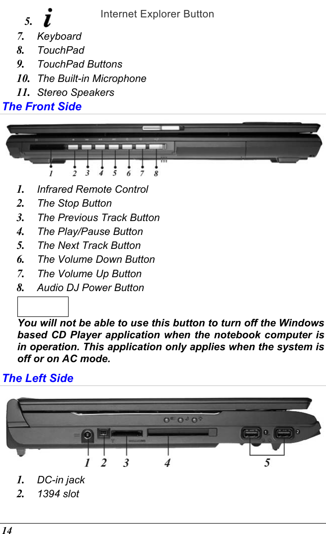  14 5.   Internet Explorer Button 7.  Keyboard 8.  TouchPad 9.  TouchPad Buttons 10.  The Built-in Microphone 11.  Stereo Speakers The Front Side  1.  Infrared Remote Control  2.  The Stop Button  3.  The Previous Track Button 4.  The Play/Pause Button 5.  The Next Track Button 6.  The Volume Down Button 7.  The Volume Up Button 8.  Audio DJ Power Button   You will not be able to use this button to turn off the Windows based CD Player application when the notebook computer is in operation. This application only applies when the system is off or on AC mode. The Left Side  1.  DC-in jack 2.  1394 slot 