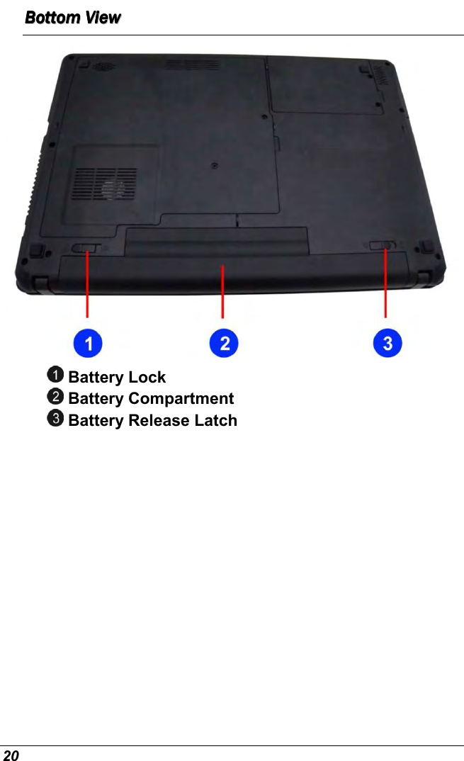  20 BBBBBBBBoooooooottttttttttttttttoooooooommmmmmmm        VVVVVVVViiiiiiiieeeeeeeewwwwwwww          Battery Lock  Battery Compartment  Battery Release Latch 