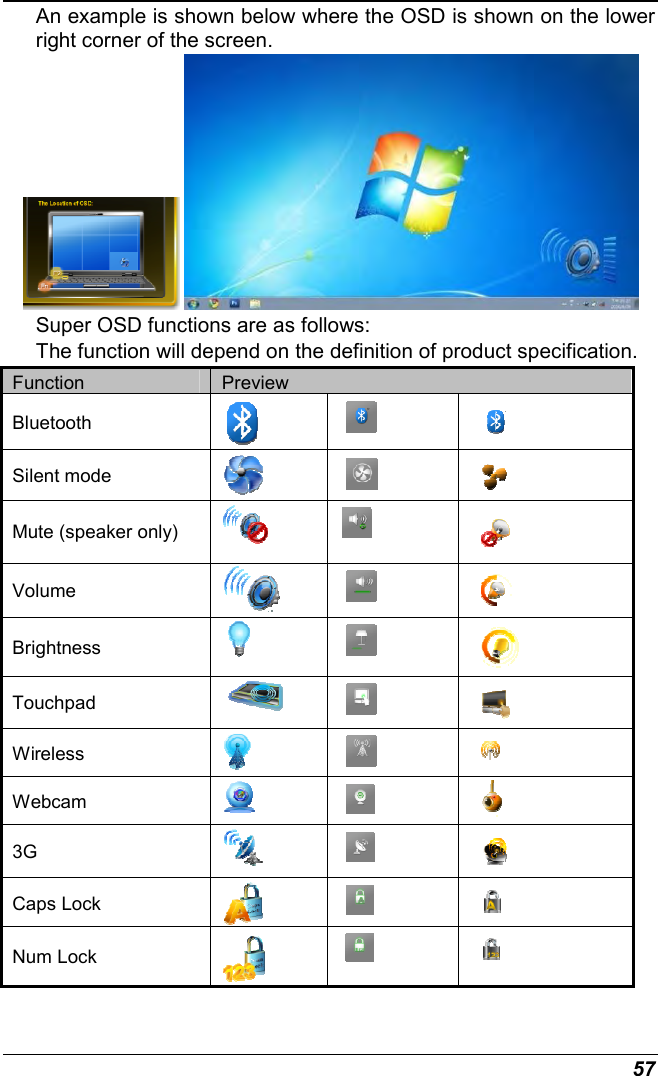  57 An example is shown below where the OSD is shown on the lower right corner of the screen.    Super OSD functions are as follows: The function will depend on the definition of product specification. Function  Preview Bluetooth     Silent mode      Mute (speaker only)     Volume     Brightness     Touchpad     Wireless     Webcam      3G     Caps Lock     Num Lock      