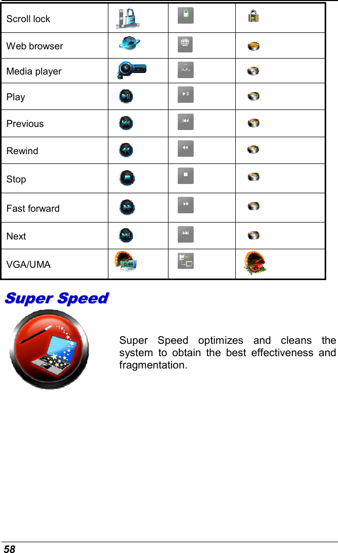  58 Scroll lock      Web browser     Media player       Play      Previous      Rewind     Stop      Fast forward      Next      VGA/UMA       SSuuppeerr  SSppeeeedd             Super  Speed  optimizes  and  cleans  the system  to  obtain  the  best  effectiveness  and fragmentation. 
