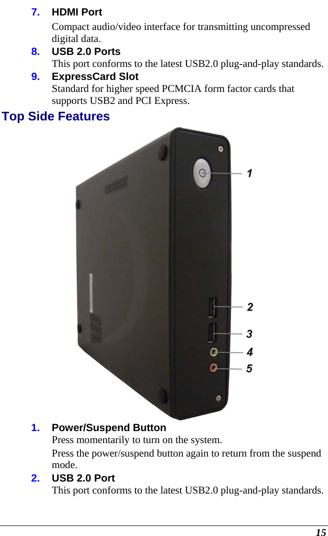  15 7.  HDMI Port  Compact audio/video interface for transmitting uncompressed digital data. 8.  USB 2.0 Ports This port conforms to the latest USB2.0 plug-and-play standards. 9.  ExpressCard Slot Standard for higher speed PCMCIA form factor cards that supports USB2 and PCI Express. Top Side Features  1.  Power/Suspend Button Press momentarily to turn on the system.  Press the power/suspend button again to return from the suspend mode.  2.  USB 2.0 Port This port conforms to the latest USB2.0 plug-and-play standards. 