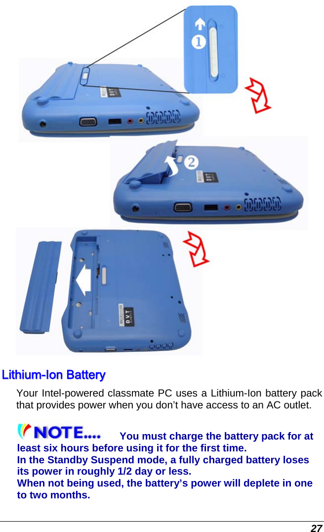  27  LLiitthhiiuumm--IIoonn  BBaatttteerryy  Your Intel-powered classmate PC uses a Lithium-Ion battery pack that provides power when you don’t have access to an AC outlet. You must charge the battery pack for at least six hours before using it for the first time. In the Standby Suspend mode, a fully charged battery loses its power in roughly 1/2 day or less.  When not being used, the battery’s power will deplete in one to two months.  