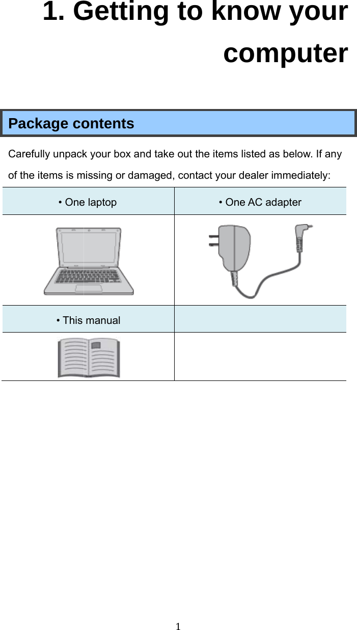 PaCareof th 1. Gckage coefully unpackhe items is m• One• This Gettinontentsk your box anmissing or dame laptop  manual  1ng tond take out tmaged, cont o knocothe items listetact your dea• One Aow yompued as below.aler immediatAC adapter   our ter . If any tely:   