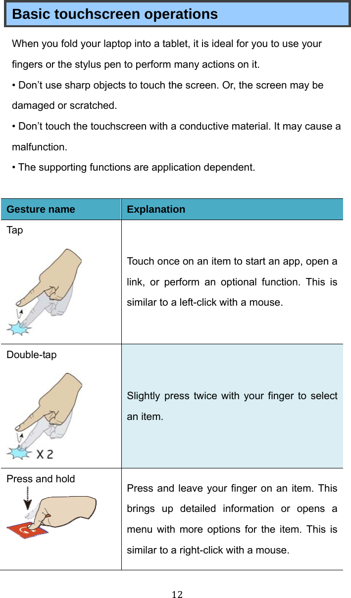 12 Basic touchscreen operations When you fold your laptop into a tablet, it is ideal for you to use your fingers or the stylus pen to perform many actions on it. • Don’t use sharp objects to touch the screen. Or, the screen may be damaged or scratched. • Don’t touch the touchscreen with a conductive material. It may cause a malfunction. • The supporting functions are application dependent.  Gesture name Explanation Tap  Touch once on an item to start an app, open a link, or perform an optional function. This is similar to a left-click with a mouse. Double-tap  Slightly press twice with your finger to select an item. Press and hold  Press and leave your finger on an item. This brings up detailed information or opens a menu with more options for the item. This is similar to a right-click with a mouse. 