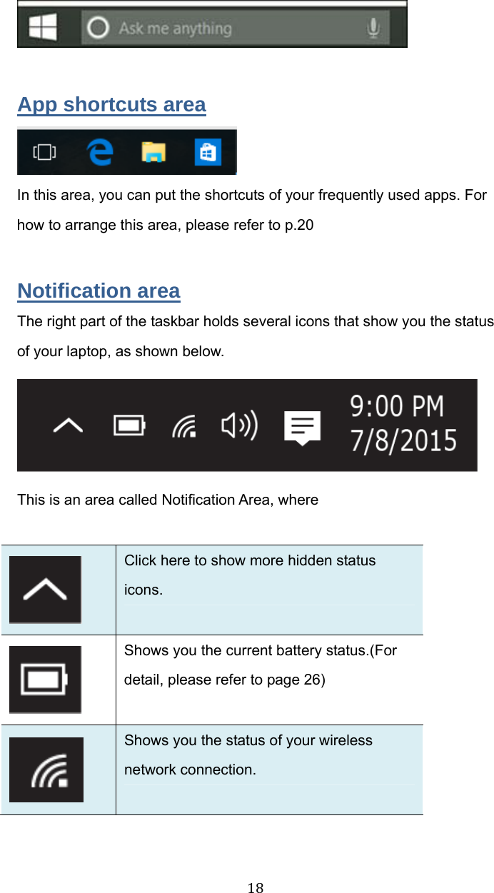 18  App shortcuts area  In this area, you can put the shortcuts of your frequently used apps. For how to arrange this area, please refer to p.20  Notification area The right part of the taskbar holds several icons that show you the status of your laptop, as shown below.  This is an area called Notification Area, where   Click here to show more hidden status icons.  Shows you the current battery status.(For detail, please refer to page 26)  Shows you the status of your wireless network connection. 