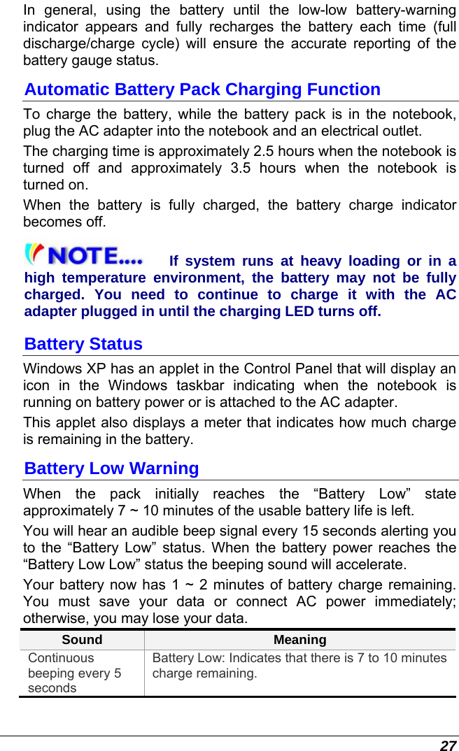  27 In general, using the battery until the low-low battery-warning indicator appears and fully recharges the battery each time (full discharge/charge  cycle) will ensure the accurate reporting of the battery gauge status. Automatic Battery Pack Charging Function  To charge the battery, while the battery pack is in the notebook, plug the AC adapter into the notebook and an electrical outlet. The charging time is approximately 2.5 hours when the notebook is turned off and approximately 3.5 hours when the notebook is turned on. When the battery is fully charged, the battery charge indicator becomes off. If system runs at heavy loading or in a high temperature environment, the battery may not be fully charged. You need to continue to charge it with the AC adapter plugged in until the charging LED turns off. Battery Status Windows XP has an applet in the Control Panel that will display an icon in the Windows taskbar indicating when the notebook is running on battery power or is attached to the AC adapter.   This applet also displays a meter that indicates how much charge is remaining in the battery.  Battery Low Warning  When the pack initially reaches the “Battery Low” state approximately 7 ~ 10 minutes of the usable battery life is left.   You will hear an audible beep signal every 15 seconds alerting you to the “Battery Low” status. When the battery power reaches the “Battery Low Low” status the beeping sound will accelerate.   Your battery now has 1 ~ 2 minutes of battery charge remaining.  You must save your data or connect AC power immediately; otherwise, you may lose your data. Sound  Meaning Continuous beeping every 5 seconds Battery Low: Indicates that there is 7 to 10 minutes charge remaining.   