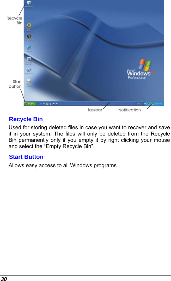  30  Recycle Bin Used for storing deleted files in case you want to recover and save it in your system. The files will only be deleted from the Recycle Bin permanently only if you empty it by right clicking your mouse and select the “Empty Recycle Bin”.  Start Button Allows easy access to all Windows programs. 