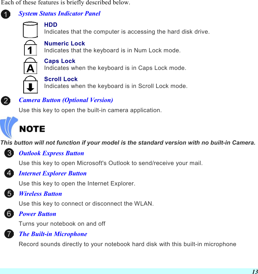  13 Each of these features is briefly described below.  System Status Indicator Panel  HDD Indicates that the computer is accessing the hard disk drive.  Numeric Lock Indicates that the keyboard is in Num Lock mode.    Caps Lock Indicates when the keyboard is in Caps Lock mode.    Scroll Lock Indicates when the keyboard is in Scroll Lock mode.   Camera Button (Optional Version)  Use this key to open the built-in camera application.  This button will not function if your model is the standard version with no built-in Camera. Outlook Express Button Use this key to open Microsoft&apos;s Outlook to send/receive your mail. Internet Explorer Button Use this key to open the Internet Explorer. Wireless Button Use this key to connect or disconnect the WLAN. Power Button Turns your notebook on and off The Built-in Microphone Record sounds directly to your notebook hard disk with this built-in microphone 