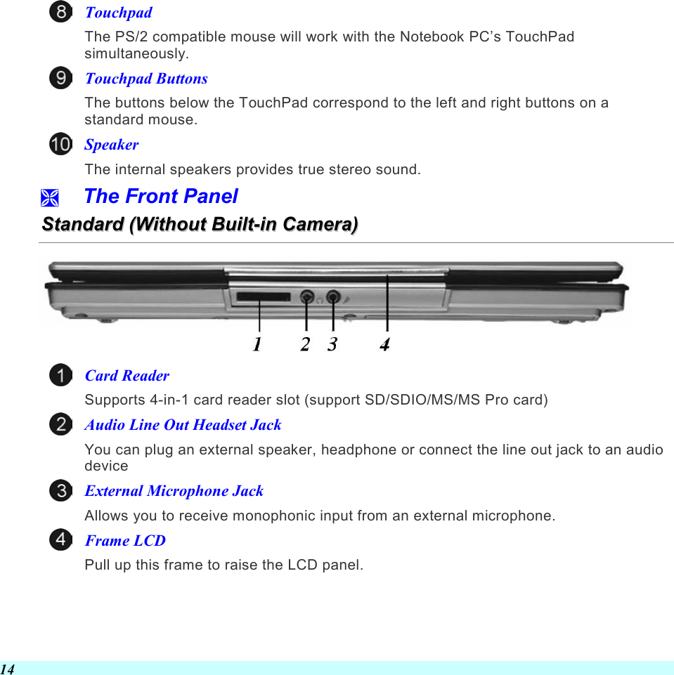  14 Touchpad The PS/2 compatible mouse will work with the Notebook PC’s TouchPad simultaneously. Touchpad Buttons The buttons below the TouchPad correspond to the left and right buttons on a standard mouse.  Speaker The internal speakers provides true stereo sound.   The Front Panel SSttaannddaarrdd  ((WWiitthhoouutt  BBuuiilltt--iinn  CCaammeerraa))   Card Reader Supports 4-in-1 card reader slot (support SD/SDIO/MS/MS Pro card) Audio Line Out Headset Jack You can plug an external speaker, headphone or connect the line out jack to an audio device External Microphone Jack Allows you to receive monophonic input from an external microphone. Frame LCD Pull up this frame to raise the LCD panel. 
