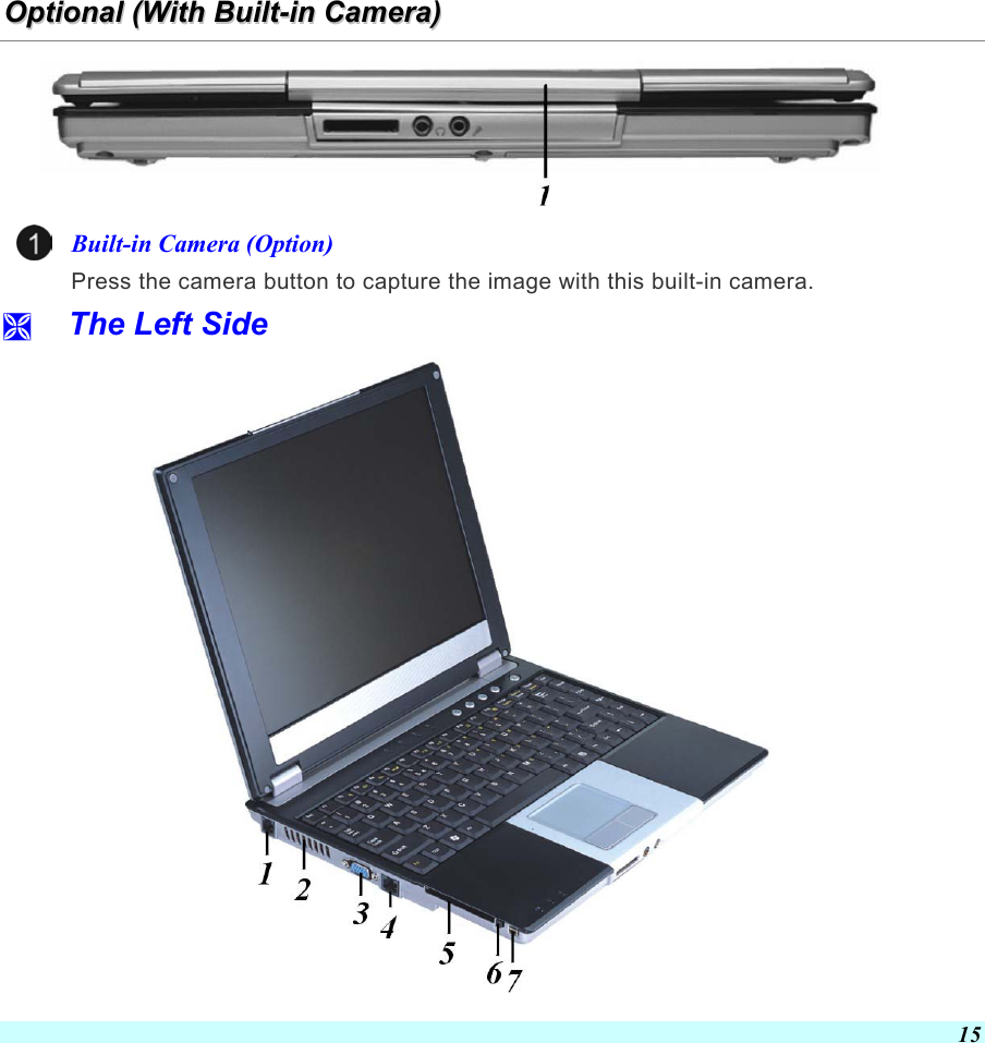  15 OOppttiioonnaall  ((WWiitthh  BBuuiilltt--iinn  CCaammeerraa))   Built-in Camera (Option) Press the camera button to capture the image with this built-in camera.   The Left Side  