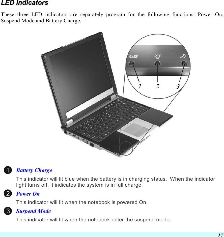  17 LLEEDD  IInnddiiccaattoorrss  These three LED indicators are separately program for the following functions: Power On, Suspend Mode and Battery Charge.   Battery Charge This indicator will lit blue when the battery is in charging status.  When the indicator light turns off, it indicates the system is in full charge. Power On This indicator will lit when the notebook is powered On. Suspend Mode This indicator will lit when the notebook enter the suspend mode. 