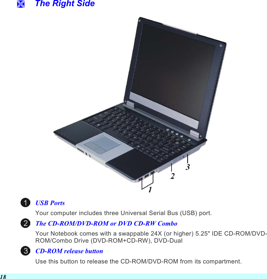  18   The Right Side  USB Ports Your computer includes three Universal Serial Bus (USB) port. The CD-ROM/DVD-ROM or DVD CD-RW Combo Your Notebook comes with a swappable 24X (or higher) 5.25&quot; IDE CD-ROM/DVD-ROM/Combo Drive (DVD-ROM+CD-RW), DVD-Dual CD-ROM release button Use this button to release the CD-ROM/DVD-ROM from its compartment. 