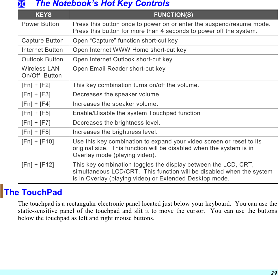  29   The Notebook’s Hot Key Controls KEYS  FUNCTION(S) Power Button  Press this button once to power on or enter the suspend/resume mode. Press this button for more than 4 seconds to power off the system. Capture Button Open “Capture” function short-cut key Internet Button  Open Internet WWW Home short-cut key Outlook Button  Open Internet Outlook short-cut key Wireless LAN On/Off  Button Open Email Reader short-cut key [Fn] + [F2]  This key combination turns on/off the volume. [Fn] + [F3]  Decreases the speaker volume.   [Fn] + [F4]  Increases the speaker volume.   [Fn] + [F5]  Enable/Disable the system Touchpad function [Fn] + [F7]  Decreases the brightness level. [Fn] + [F8]  Increases the brightness level. [Fn] + [F10]  Use this key combination to expand your video screen or reset to its original size.  This function will be disabled when the system is in Overlay mode (playing video). [Fn] + [F12]  This key combination toggles the display between the LCD, CRT, simultaneous LCD/CRT.  This function will be disabled when the system is in Overlay (playing video) or Extended Desktop mode. The TouchPad The touchpad is a rectangular electronic panel located just below your keyboard.  You can use the static-sensitive panel of the touchpad and slit it to move the cursor.  You can use the buttons below the touchpad as left and right mouse buttons. 