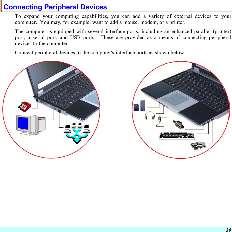  39 Connecting Peripheral Devices To expand your computing capabilities, you can add a variety of external devices to your computer.  You may, for example, want to add a mouse, modem, or a printer.   The computer is equipped with several interface ports, including an enhanced parallel (printer) port, a serial port, and USB ports.  These are provided as a means of connecting peripheral devices to the computer. Connect peripheral devices to the computer&apos;s interface ports as shown below:   