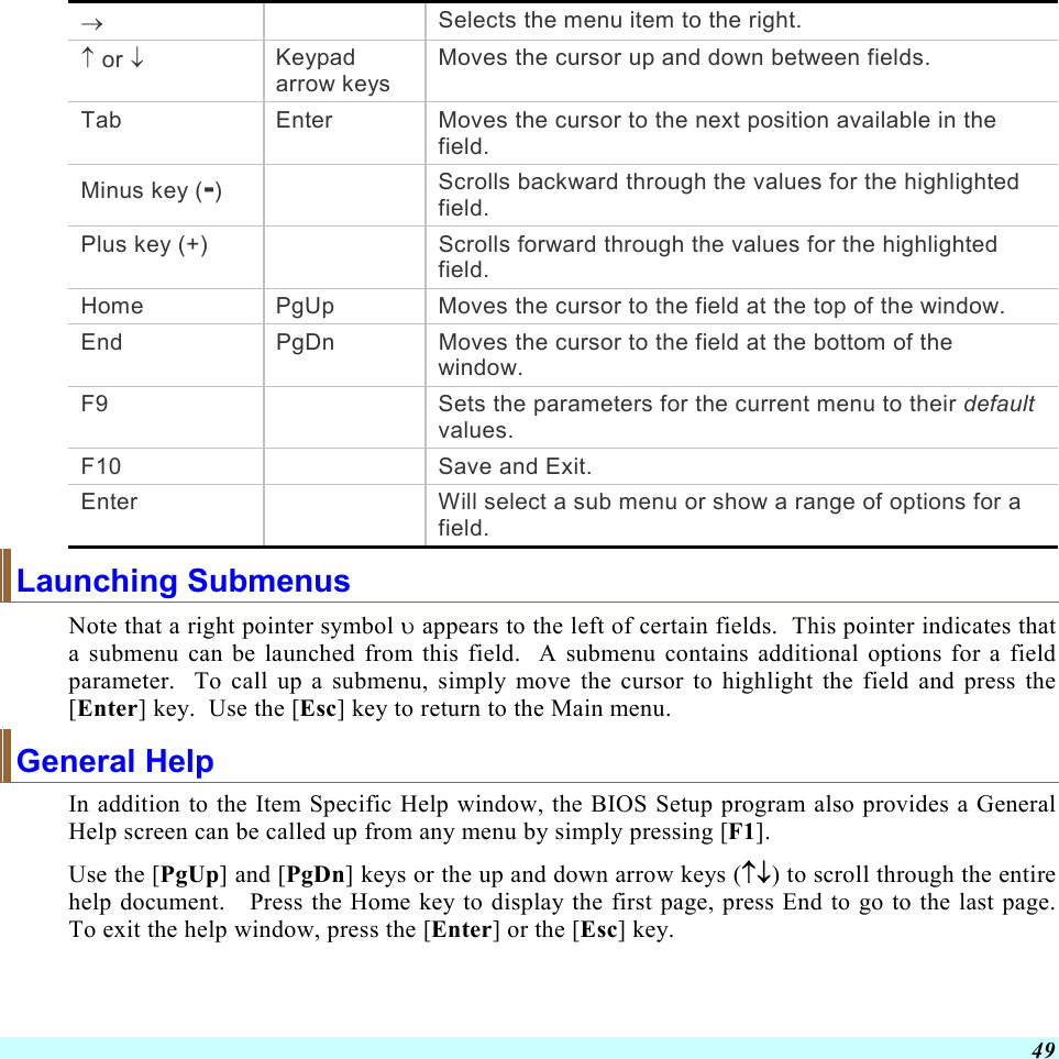  49 →   Selects the menu item to the right. ↑ or ↓ Keypad arrow keys Moves the cursor up and down between fields. Tab  Enter  Moves the cursor to the next position available in the field. Minus key (-)    Scrolls backward through the values for the highlighted field. Plus key (+)    Scrolls forward through the values for the highlighted field. Home  PgUp  Moves the cursor to the field at the top of the window. End  PgDn  Moves the cursor to the field at the bottom of the window. F9  Sets the parameters for the current menu to their default values. F10    Save and Exit. Enter    Will select a sub menu or show a range of options for a field. Launching Submenus Note that a right pointer symbol υ appears to the left of certain fields.  This pointer indicates that a submenu can be launched from this field.  A submenu contains additional options for a field parameter.  To call up a submenu, simply move the cursor to highlight the field and press the [Enter] key.  Use the [Esc] key to return to the Main menu. General Help In addition to the Item Specific Help window, the BIOS Setup program also provides a General Help screen can be called up from any menu by simply pressing [F1].   Use the [PgUp] and [PgDn] keys or the up and down arrow keys (↑↓) to scroll through the entire help document.   Press the Home key to display the first page, press End to go to the last page.  To exit the help window, press the [Enter] or the [Esc] key.  