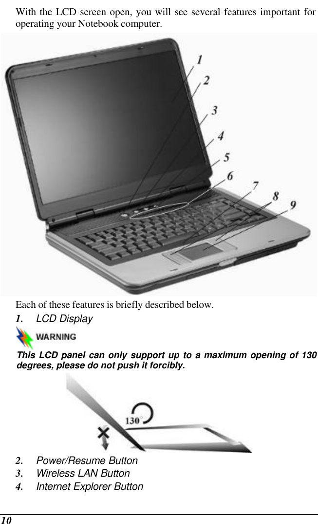  10 With the LCD screen open, you will see several features important for operating your Notebook computer.  Each of these features is briefly described below. 1. LCD Display  This LCD panel can only support up to a maximum opening of 130 degrees, please do not push it forcibly.  2. Power/Resume Button 3. Wireless LAN Button 4. Internet Explorer Button 