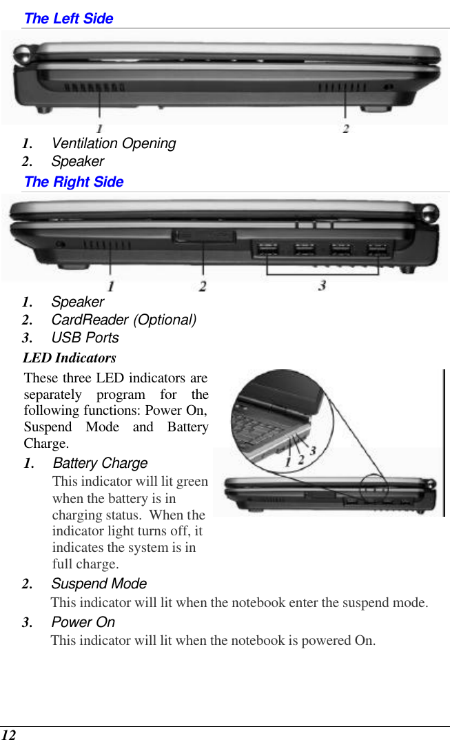  12 The Left Side  1. Ventilation Opening 2. Speaker The Right Side  1. Speaker 2. CardReader (Optional) 3. USB Ports LED Indicators These three LED indicators are separately program for the following functions: Power On, Suspend Mode and Battery Charge. 1. Battery Charge This indicator will lit green when the battery is in charging status.  When the indicator light turns off, it indicates the system is in full charge.  2. Suspend Mode This indicator will lit when the notebook enter the suspend mode. 3. Power On This indicator will lit when the notebook is powered On. 