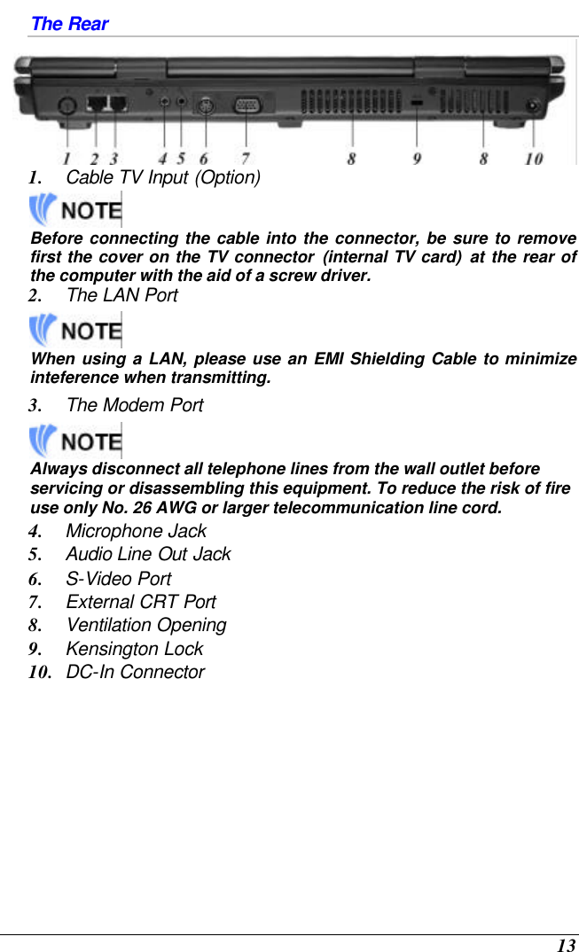  13 The Rear  1. Cable TV Input (Option)   Before connecting the cable into the connector, be sure to remove first the cover on the TV connector (internal TV card) at the rear of the computer with the aid of a screw driver.   2. The LAN Port   When using a LAN, please use an EMI Shielding Cable to minimize inteference when transmitting.  3. The Modem Port    Always disconnect all telephone lines from the wall outlet before servicing or disassembling this equipment. To reduce the risk of fire use only No. 26 AWG or larger telecommunication line cord. 4. Microphone Jack 5. Audio Line Out Jack 6. S-Video Port 7. External CRT Port 8. Ventilation Opening 9. Kensington Lock 10. DC-In Connector 