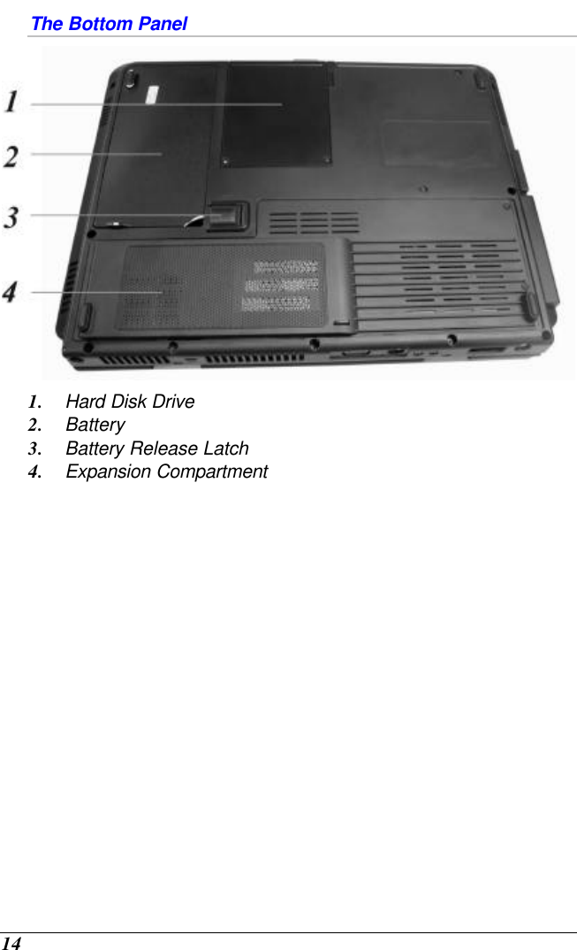  14 The Bottom Panel  1. Hard Disk Drive 2. Battery 3. Battery Release Latch 4. Expansion Compartment    