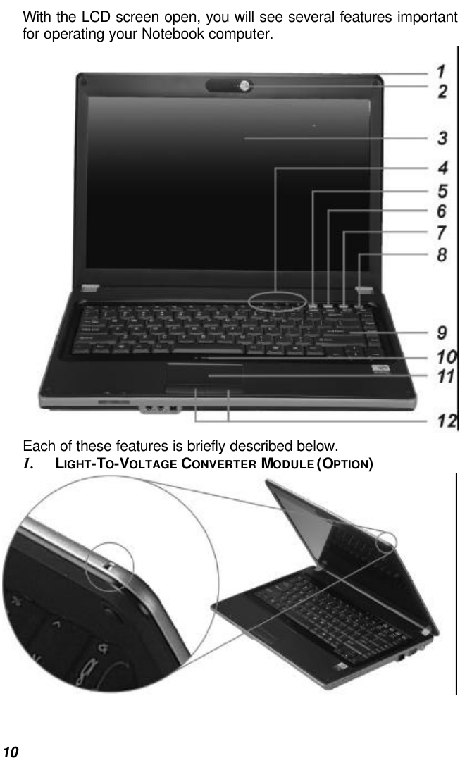  10 With the LCD screen open, you will see several features important for operating your Notebook computer.  Each of these features is briefly described below. 1. LIGHT-TO-VOLTAGE CONVERTER MODULE (OPTION)  