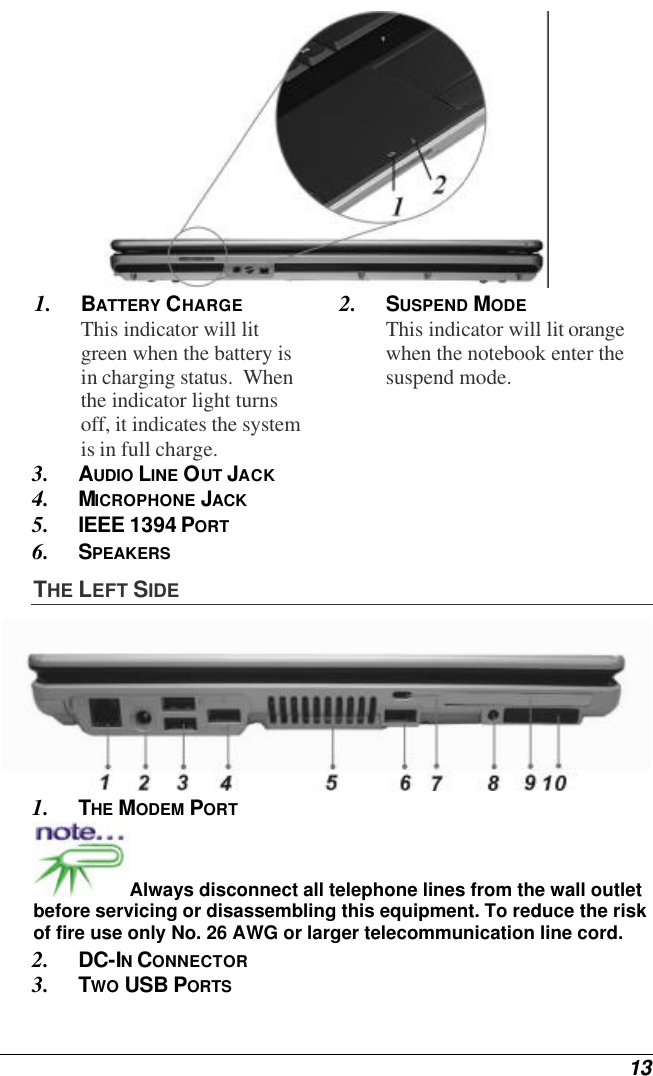  13  1. BATTERY CHARGE This indicator will lit green when the battery is in charging status.  When the indicator light turns off, it indicates the system is in full charge. 2. SUSPEND MODE This indicator will lit orange when the notebook enter the suspend mode.  3. AUDIO LINE OUT JACK 4. MICROPHONE JACK 5. IEEE 1394 PORT 6. SPEAKERS THE LEFT SIDE  1. THE MODEM PORT  Always disconnect all telephone lines from the wall outlet before servicing or disassembling this equipment. To reduce the risk of fire use only No. 26 AWG or larger telecommunication line cord. 2. DC-IN CONNECTOR 3. TWO USB PORTS 