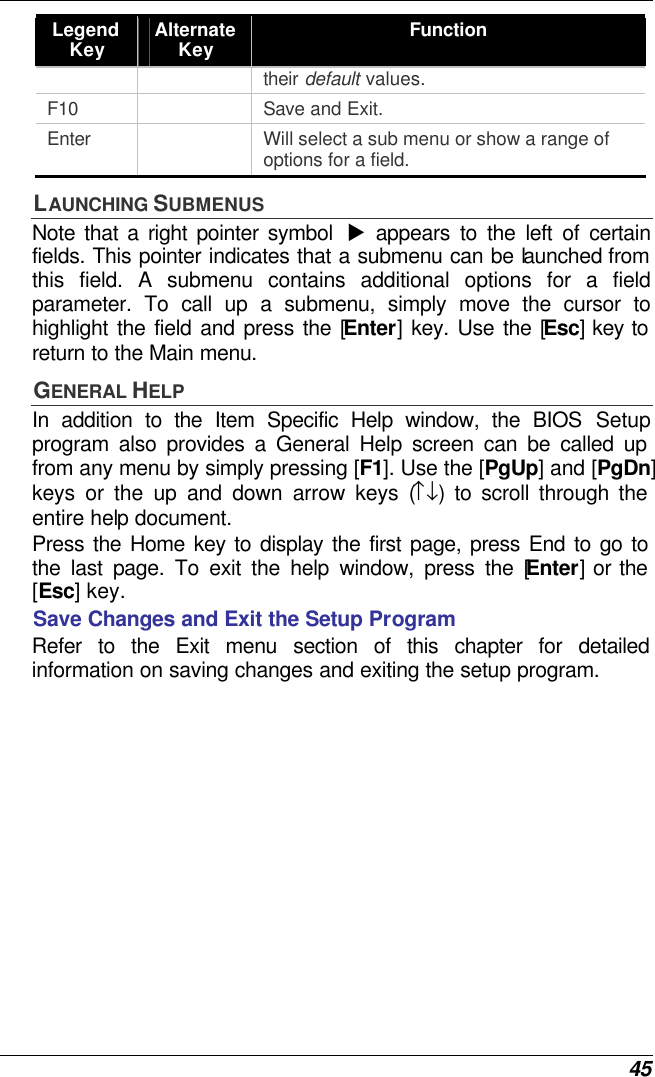  45 Legend Key Alternate Key Function their default values. F10    Save and Exit. Enter    Will select a sub menu or show a range of options for a field. LAUNCHING SUBMENUS Note that a right pointer symbol  u appears to the left of certain fields. This pointer indicates that a submenu can be launched from this field. A submenu contains additional options for a field parameter. To call up a submenu, simply move the cursor to highlight the field and press the [Enter] key. Use the [Esc] key to return to the Main menu. GENERAL HELP In addition to the Item Specific Help window, the BIOS Setup program also provides a General Help screen can be called up from any menu by simply pressing [F1]. Use the [PgUp] and [PgDn] keys or the up and down arrow keys (↑↓) to scroll through the entire help document.    Press the Home key to display the first page, press End to go to the last page. To exit the help window, press the [Enter] or the [Esc] key.  Save Changes and Exit the Setup Program Refer to the Exit menu section of this chapter for detailed information on saving changes and exiting the setup program. 