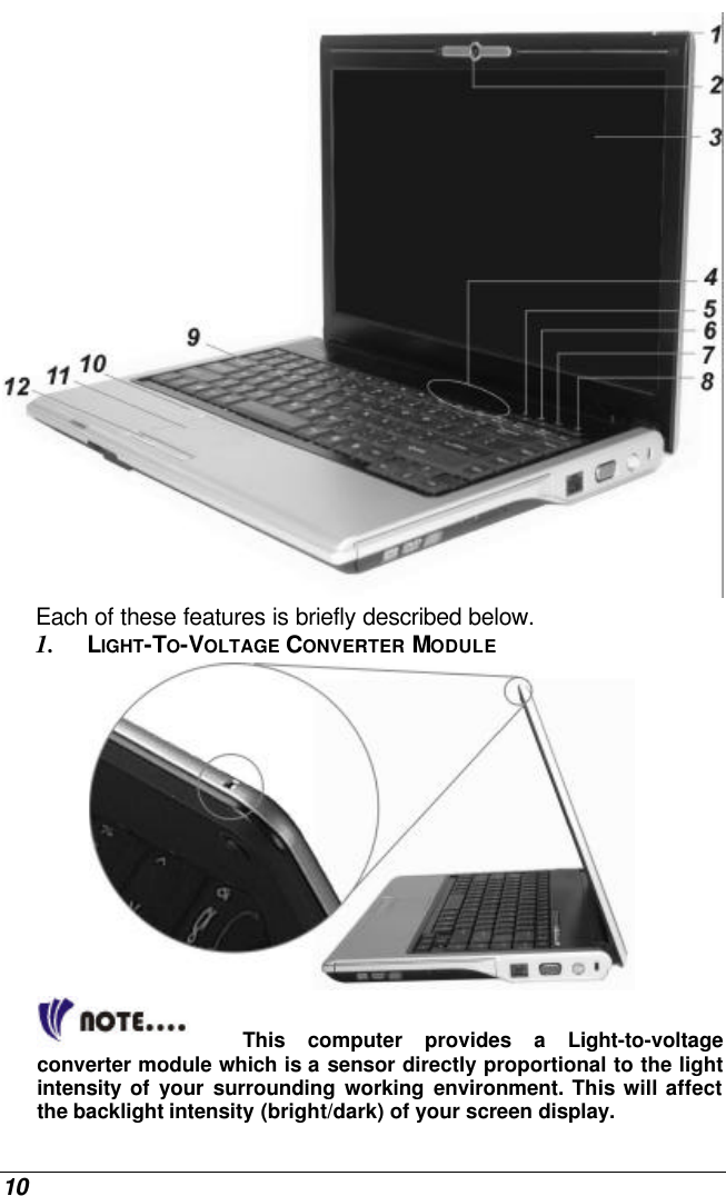  10  Each of these features is briefly described below. 1. LIGHT-TO-VOLTAGE CONVERTER MODULE  This computer provides a Light-to-voltage converter module which is a sensor directly proportional to the light intensity  of your surrounding working environment. This will affect the backlight intensity (bright/dark) of your screen display. 