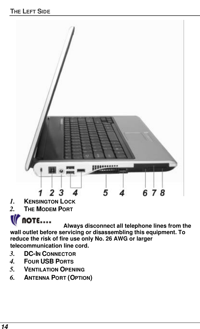  14 THE LEFT SIDE  1. KENSINGTON LOCK 2. THE MODEM PORT  Always disconnect all telephone lines from the wall outlet before servicing or disassembling this equipment. To reduce the risk of fire use only No. 26 AWG or larger telecommunication line cord. 3. DC-IN CONNECTOR 4. FOUR USB PORTS 5. VENTILATION OPENING 6. ANTENNA PORT (OPTION) 