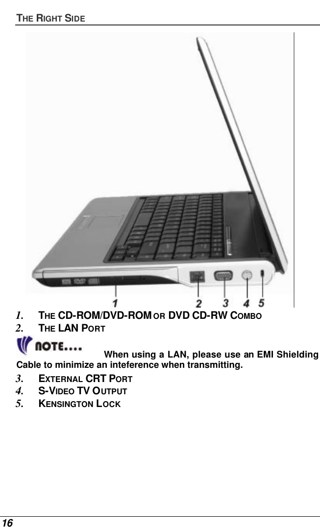  16 THE RIGHT SIDE  1. THE CD-ROM/DVD-ROM OR DVD CD-RW COMBO 2. THE LAN PORT  When using a LAN, please use an EMI Shielding Cable to minimize an inteference when transmitting.  3. EXTERNAL CRT PORT 4. S-VIDEO TV OUTPUT 5. KENSINGTON LOCK 