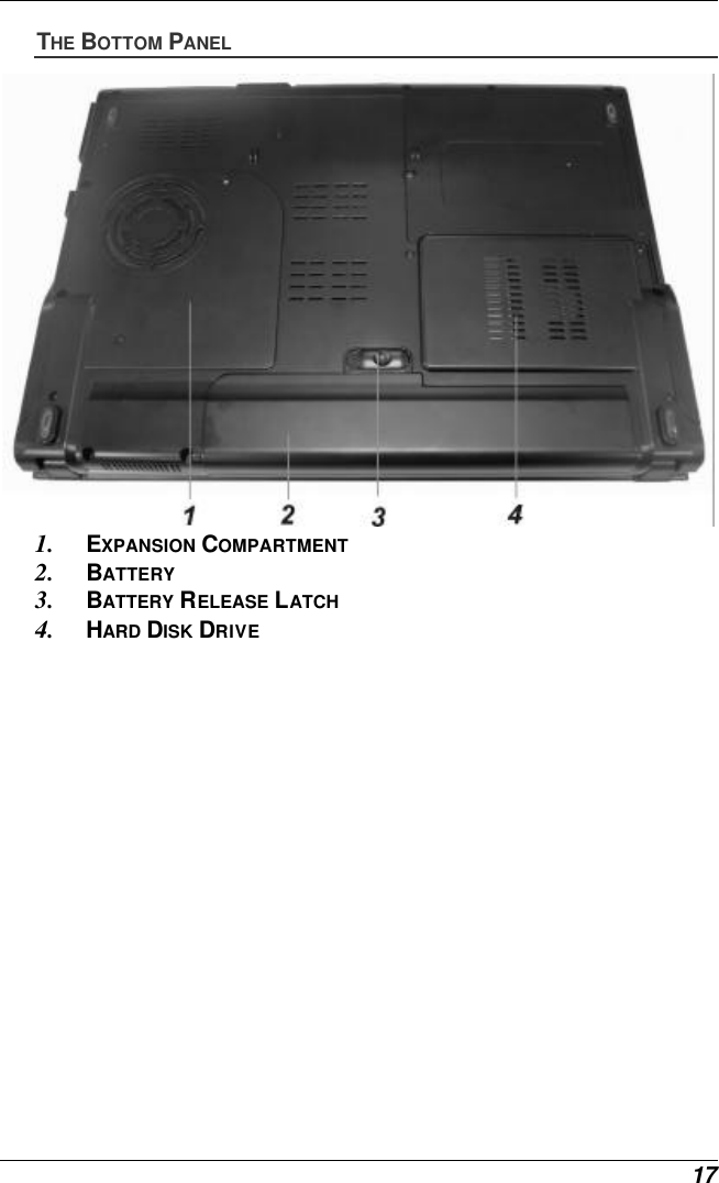  17 THE BOTTOM PANEL  1. EXPANSION COMPARTMENT 2. BATTERY 3. BATTERY RELEASE LATCH 4. HARD DISK DRIVE 