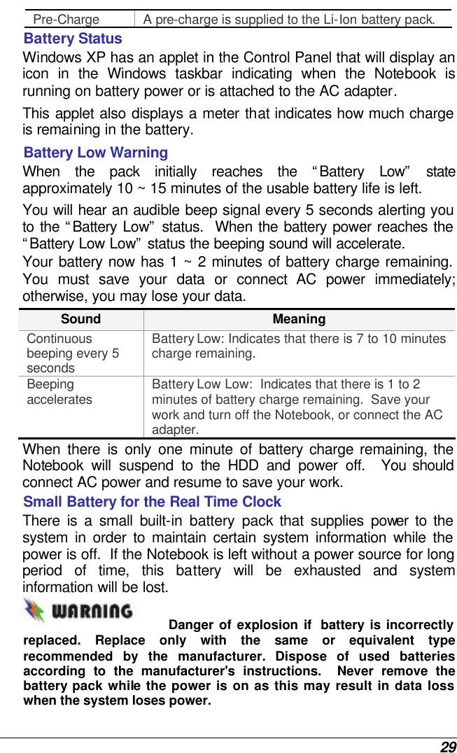  29 Pre-Charge A pre-charge is supplied to the Li-Ion battery pack. Battery Status Windows XP has an applet in the Control Panel that will display an icon in the Windows taskbar indicating when the Notebook is running on battery power or is attached to the AC adapter.   This applet also displays a meter that indicates how much charge is remaining in the battery.  Battery Low Warning  When the pack initially reaches the “Battery Low” state approximately 10 ~ 15 minutes of the usable battery life is left.   You will hear an audible beep signal every 5 seconds alerting you to the “Battery Low” status.  When the battery power reaches the “Battery Low Low” status the beeping sound will accelerate.   Your battery now has 1 ~ 2 minutes of battery charge remaining.  You must save your data or connect AC power immediately; otherwise, you may lose your data. Sound Meaning Continuous beeping every 5 seconds Battery Low: Indicates that there is 7 to 10 minutes charge remaining.   Beeping accelerates Battery Low Low:  Indicates that there is 1 to 2 minutes of battery charge remaining.  Save your work and turn off the Notebook, or connect the AC adapter. When there is only one minute of battery charge remaining, the Notebook will suspend to the HDD and power off.  You should connect AC power and resume to save your work. Small Battery for the Real Time Clock There is a small built-in battery pack that supplies power to the system in order to maintain certain system information while the power is off.  If the Notebook is left without a power source for long period of time, this battery will be exhausted and system information will be lost.   Danger of explosion if  battery is incorrectly replaced. Replace only with the same or equivalent type recommended by the manufacturer.  Dispose of used batteries according to the manufacturer&apos;s instructions.  Never remove the battery pack while the power is on as this may result in data loss when the system loses power. 