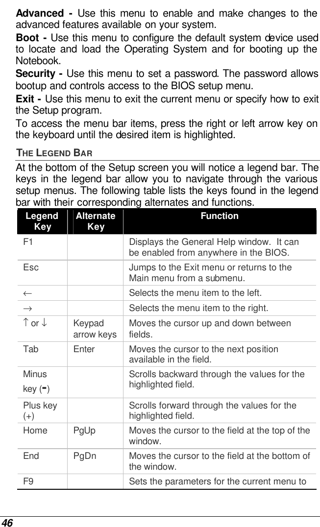  46 Advanced  - Use this menu to enable and make changes to the advanced features available on your system. Boot - Use this menu to configure the default system device used to locate and load the Operating System and for booting up the Notebook. Security - Use this menu to set a password. The password allows bootup and controls access to the BIOS setup menu. Exit - Use this menu to exit the current menu or specify how to exit the Setup program. To access the menu bar items, press the right or left arrow key on the keyboard until the desired item is highlighted. THE LEGEND BAR At the bottom of the Setup screen you will notice a legend bar. The keys in the legend bar allow you to navigate through the various setup menus. The following table lists the keys found in the legend bar with their corresponding alternates and functions. Legend Key Alternate Key Function F1    Displays the General Help window.  It can be enabled from anywhere in the BIOS. Esc    Jumps to the Exit menu or returns to the Main menu from a submenu. ←    Selects the menu item to the left. →    Selects the menu item to the right. ↑ or ↓ Keypad arrow keys Moves the cursor up and down between fields. Tab Enter Moves the cursor to the next position available in the field. Minus key (-)  Scrolls backward through the values for the highlighted field. Plus key (+)  Scrolls forward through the values for the highlighted field. Home PgUp Moves the cursor to the field at the top of the window. End PgDn Moves the cursor to the field at the bottom of the window. F9    Sets the parameters for the current menu to 