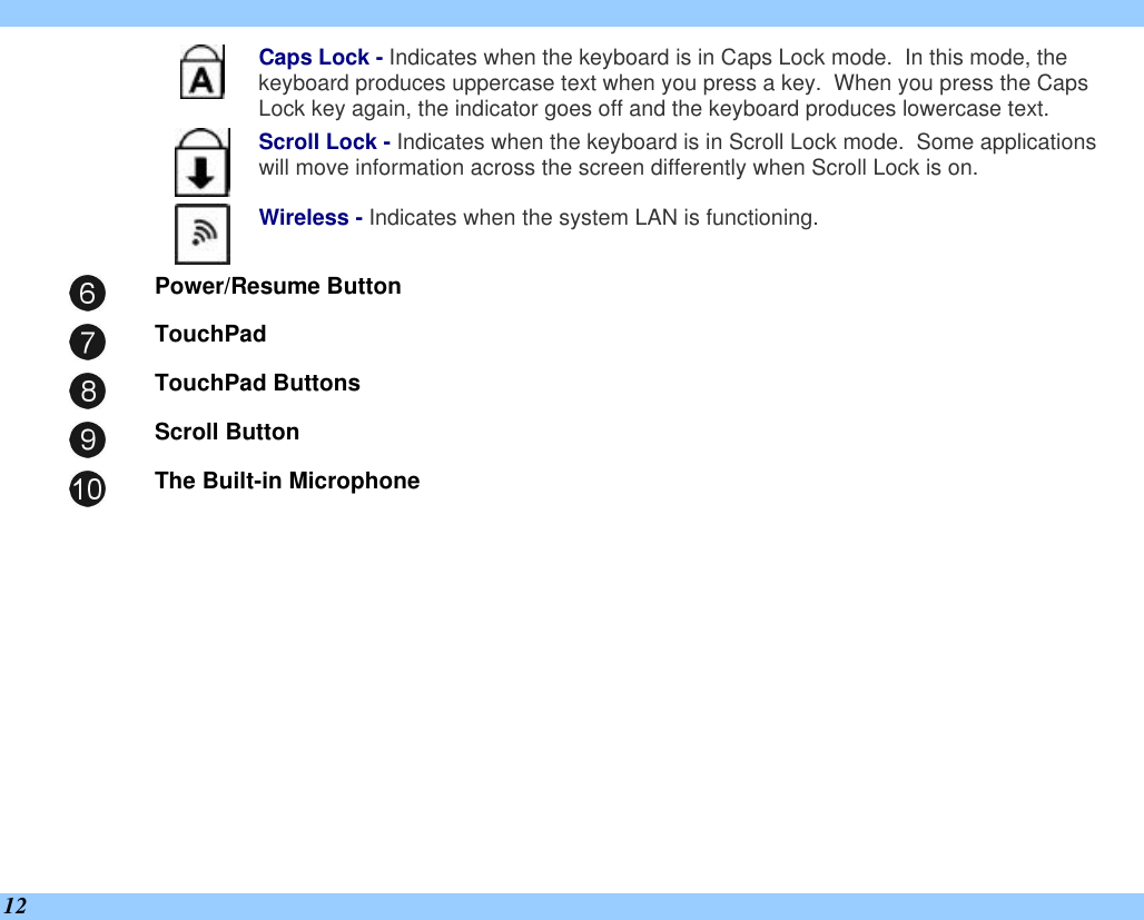  12  Caps Lock - Indicates when the keyboard is in Caps Lock mode.  In this mode, the keyboard produces uppercase text when you press a key.  When you press the Caps Lock key again, the indicator goes off and the keyboard produces lowercase text.  Scroll Lock - Indicates when the keyboard is in Scroll Lock mode.  Some applications will move information across the screen differently when Scroll Lock is on.  Wireless - Indicates when the system LAN is functioning.  Power/Resume Button  TouchPad  TouchPad Buttons  Scroll Button  The Built-in Microphone 