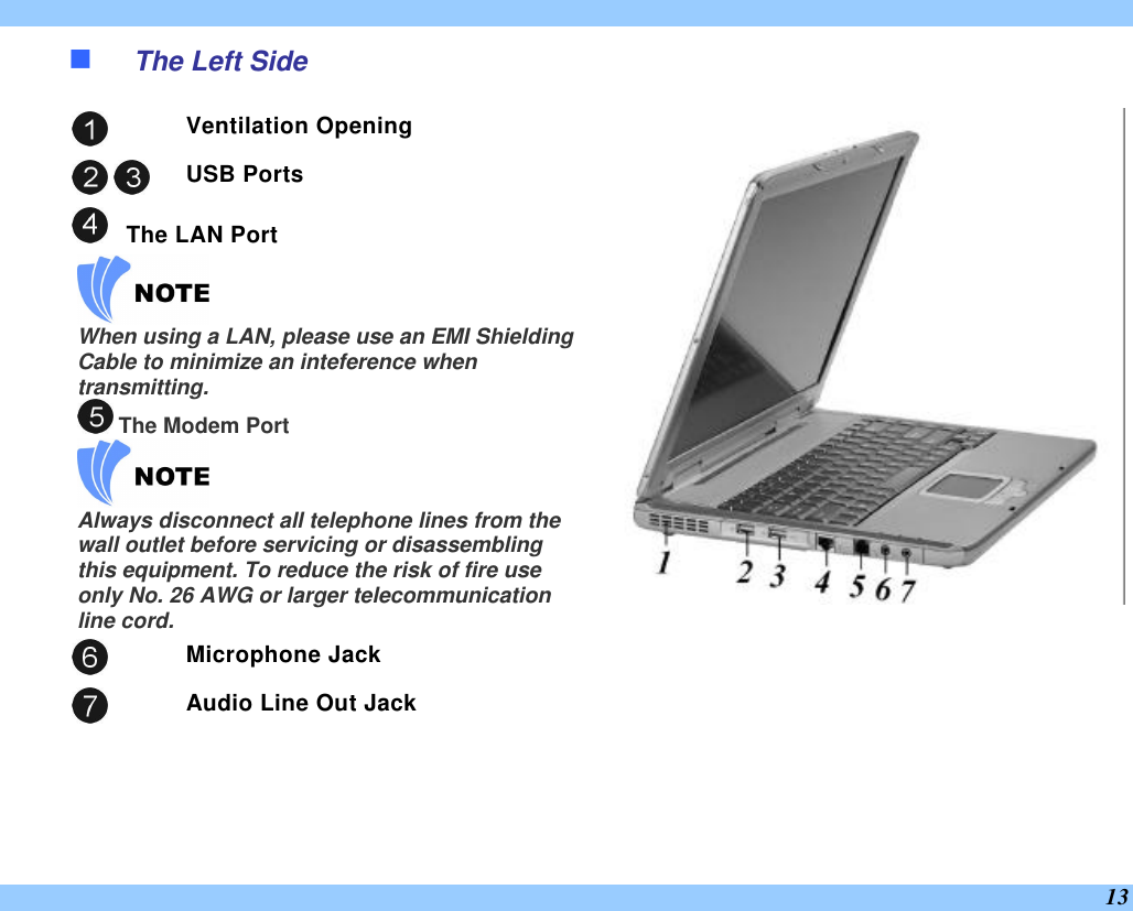  13 n The Left Side  Ventilation Opening     USB Ports    The LAN Port    When using a LAN, please use an EMI Shielding Cable to minimize an inteference when transmitting.  The Modem Port    Always disconnect all telephone lines from the wall outlet before servicing or disassembling this equipment. To reduce the risk of fire use only No. 26 AWG or larger telecommunication line cord.   Microphone Jack   Audio Line Out Jack   