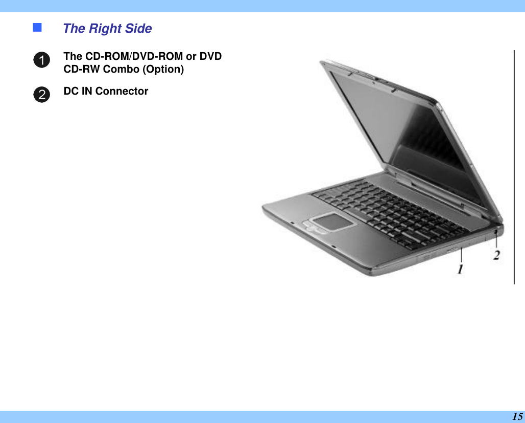  15 n The Right Side  The CD-ROM/DVD-ROM or DVD CD-RW Combo (Option)  DC IN Connector       