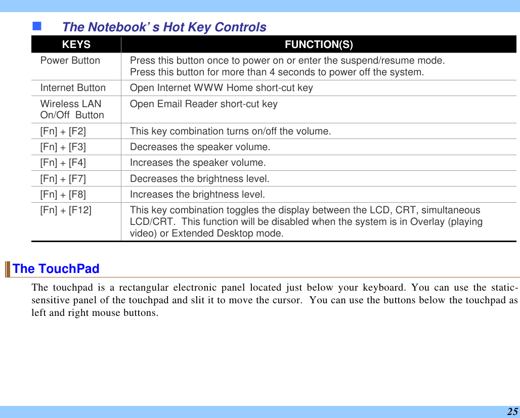  25 n The Notebook’s Hot Key Controls KEYS FUNCTION(S) Power Button Press this button once to power on or enter the suspend/resume mode. Press this button for more than 4 seconds to power off the system. Internet Button Open Internet WWW Home short-cut key Wireless LAN On/Off  Button Open Email Reader short-cut key [Fn] + [F2] This key combination turns on/off the volume. [Fn] + [F3] Decreases the speaker volume.   [Fn] + [F4] Increases the speaker volume.   [Fn] + [F7] Decreases the brightness level. [Fn] + [F8] Increases the brightness level. [Fn] + [F12] This key combination toggles the display between the LCD, CRT, simultaneous LCD/CRT.  This function will be disabled when the system is in Overlay (playing video) or Extended Desktop mode.  The TouchPad The touchpad is a rectangular electronic panel located just below your keyboard. You can use the static-sensitive panel of the touchpad and slit it to move the cursor.  You can use the buttons below the touchpad as left and right mouse buttons. 