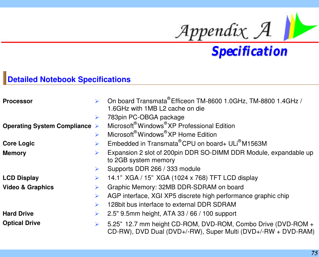  75  SSppeecciiffiiccaattiioonn    Detailed Notebook Specifications  Processor Ø On board Transmata® Efficeon TM-8600 1.0GHz, TM-8800 1.4GHz / 1.6GHz with 1MB L2 cache on die Ø 783pin PC-OBGA package Operating System Compliance Ø Microsoft® Windows® XP Professional Edition Ø Microsoft® Windows® XP Home Edition Core Logic Ø Embedded in Transmata® CPU on board+ ULi® M1563M Memory Ø Expansion 2 slot of 200pin DDR SO-DIMM DDR Module, expandable up to 2GB system memory Ø Supports DDR 266 / 333 module LCD Display Ø 14.1” XGA / 15” XGA (1024 x 768) TFT LCD display Video &amp; Graphics Ø Graphic Memory: 32MB DDR-SDRAM on board Ø AGP interface, XGI XP5 discrete high performance graphic chip Ø 128bit bus interface to external DDR SDRAM Hard Drive Ø 2.5&quot; 9.5mm height, ATA 33 / 66 / 100 support Optical Drive   Ø 5.25” 12.7 mm height CD-ROM, DVD-ROM, Combo Drive (DVD-ROM + CD-RW), DVD Dual (DVD+/-RW), Super Multi (DVD+/-RW + DVD-RAM) 
